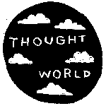 an illustrated, imperfect black circle w/ the words 'thought world' in hand-lettered white text amongst some small drawings of clouds
